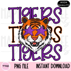 Preppy Tigers PNG, Tigers Mascot, Girly Mascot Digital download, School Spirit, School Mascot, Stars with Glitter