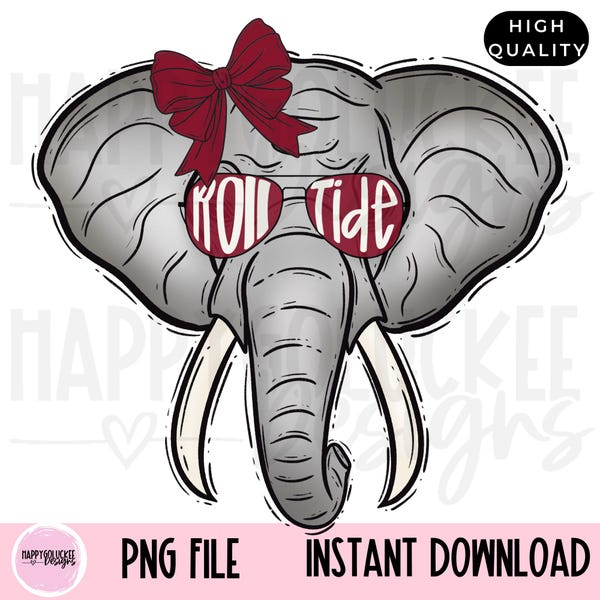 Crimson Roll  Hand drawn mascot, Elephant wearing sunnies, Bama mascot elephant, football mascot, PNG file, digital download