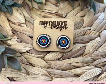 Archery Target Stud Earrings / Hand Painted Wooden Studs / Sport / Aim / Bow / Arrow /  Bullseye Clip On