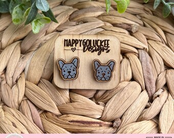 French Bulldog Wooden Hand Painted Stud Earrings / Dog Lover / Trendy / Fun / Animal / Pet / Woof / Breed / Cute Clip On