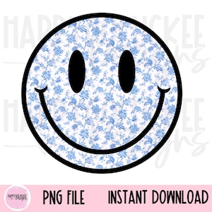 May include: A blue and white floral patterned smiley face graphic. The graphic is black outlined and has a white background.