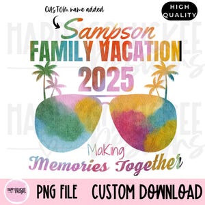 May include: A digital design featuring a pair of colorful sunglasses with palm trees and the text "Sampson Family Vacation 2025 Making Memories Together".