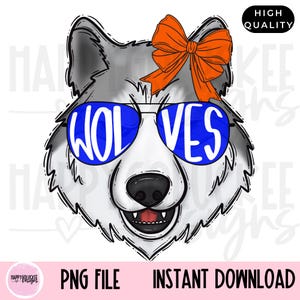 May include: A digital illustration of a wolf's face wearing blue sunglasses with the word "WOLVES" in white. The wolf has a gray and white coat and an orange bow. The image includes the text "PNG FILE" and "INSTANT DOWNLOAD".