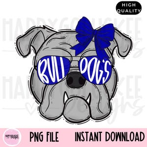Royal Blue Bulldogs PNG, Bulldog Mascot, Girly Mascot Digital download, School Spirit, School Mascot, Bulldog with Bow, Sunnies wearing Pup