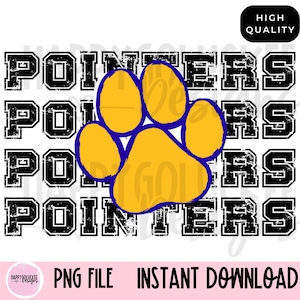 May include: A digital download of a graphic design featuring the word "Pointers" repeated four times in a black distressed font. A yellow paw print with a blue outline is centered in the design.