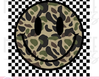Camo PNG, Digital download, Camo pattern with Smile  and checkered, Png shirt design, Perfect for sublimation and dtf, retro