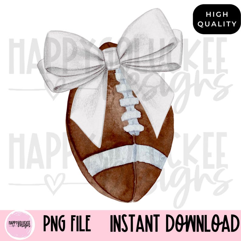 May include: A watercolor illustration of a brown and white football with a white bow on top. The football is decorated with white laces and a white stripe.