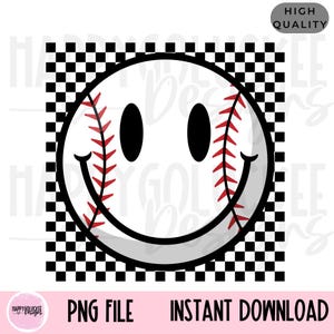 May include: A black and white chequered background with a white smiley face baseball graphic. The baseball has red stitching.