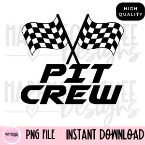 May include: Black and white checkered racing flags with the text "PIT CREW" in bold black letters.