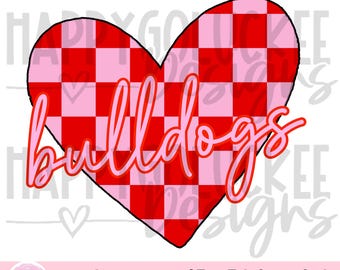 Bulldogs Valentines Day design, red and pink checkered heart, school spirit, bulldogs instant download