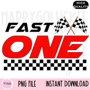 May include: Red and black graphic design with the words "FAST ONE" and a checkered flag design.