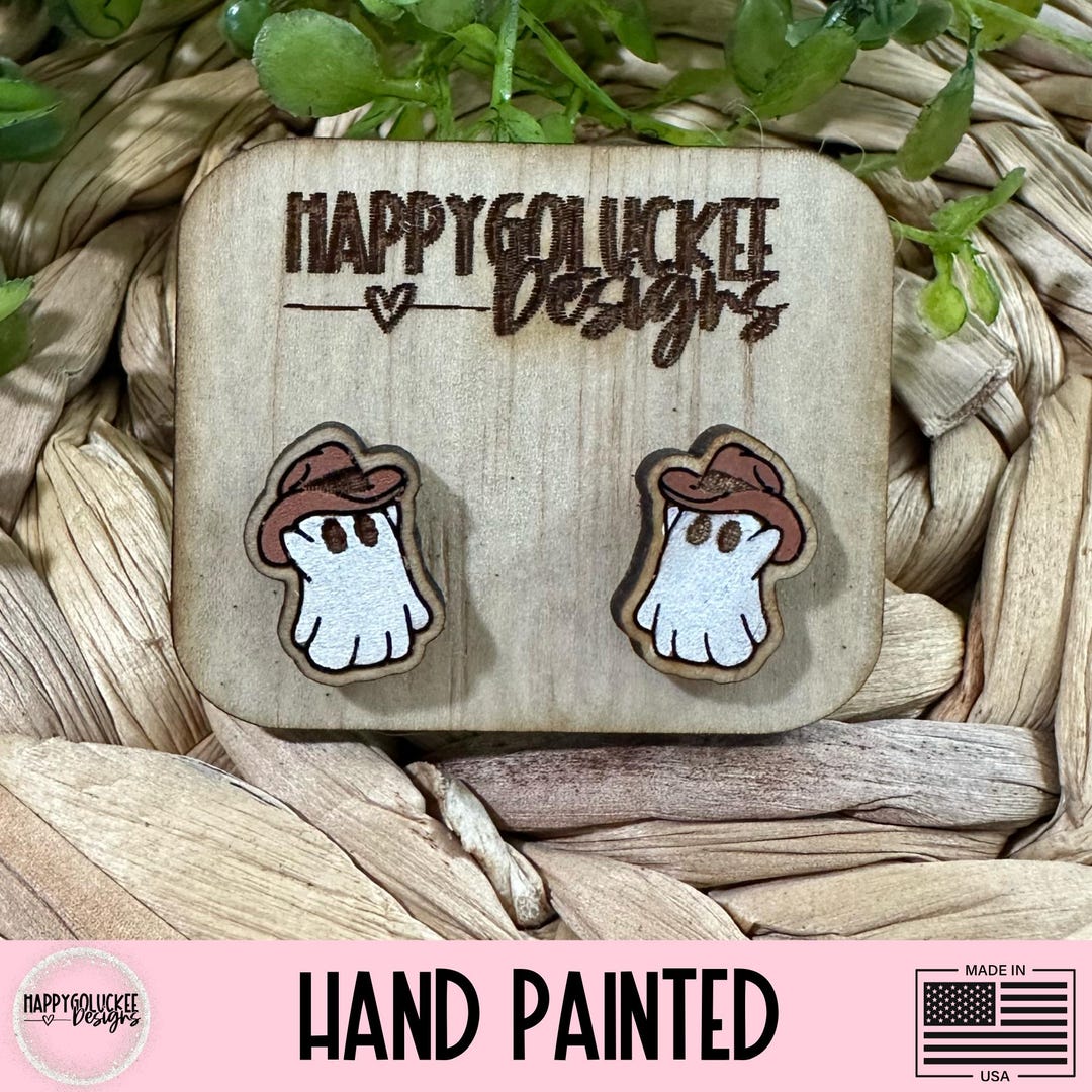 Cute Ghost Cowboy Wooden Hand Painted Stud Earrings / Boo There Partner ...