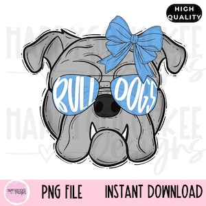Light Blue Bulldogs PNG, Bulldog Mascot, Girly Mascot Digital download, School Spirit, School Mascot, Bulldog with Bow, Sunnies wearing Pup