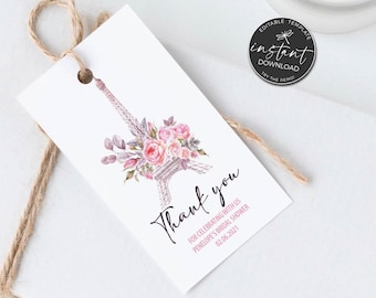 Paris Bridal Shower Gift Tag, Rose Paris Thank You Tag, French Baby Shower, Personalized Gift Tag, Flower Stickers, Paris Birthday - PARIS
