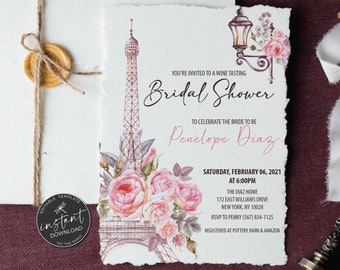 Paris Bridal Shower Invitation, Rose Paris Invitation, French Baby Shower, Eiffel Tower Floral Wedding shower, Paris Birthday - PARIS