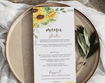Cardápio de Girassol | Cartões de Cardápio Floral | Cardápio de Chá de Panela de Girassol | Cardápio de Casamento Rústico | Modelo de Cardápio Boho | Decoração de Mesa de Girassol • KATY