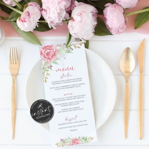 Plantilla de menú de boda con peonías / Menú de cena floral editable / Menú de despedida de soltera imprimible / Tarjeta de menú con flores ruborizadas • NATALIA