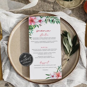 Plantilla de menú para despedida de soltera tropical, menú de cena con flores, menú floral de hibisco rosa, menú imprimible para boda tropical - JENNY