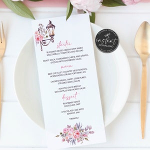 Menú de despedida de soltera en París / Tarjeta de menú de rosas en París / Menú de baby shower francés / Menú de boda floral, Menú imprimible de cumpleaños • PARÍS