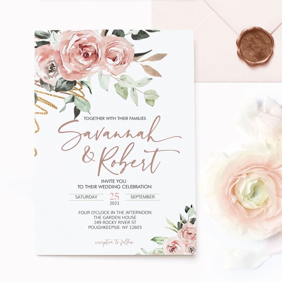 Dusty Rose Wedding Invitations Pink Floral Greenery | Etsy