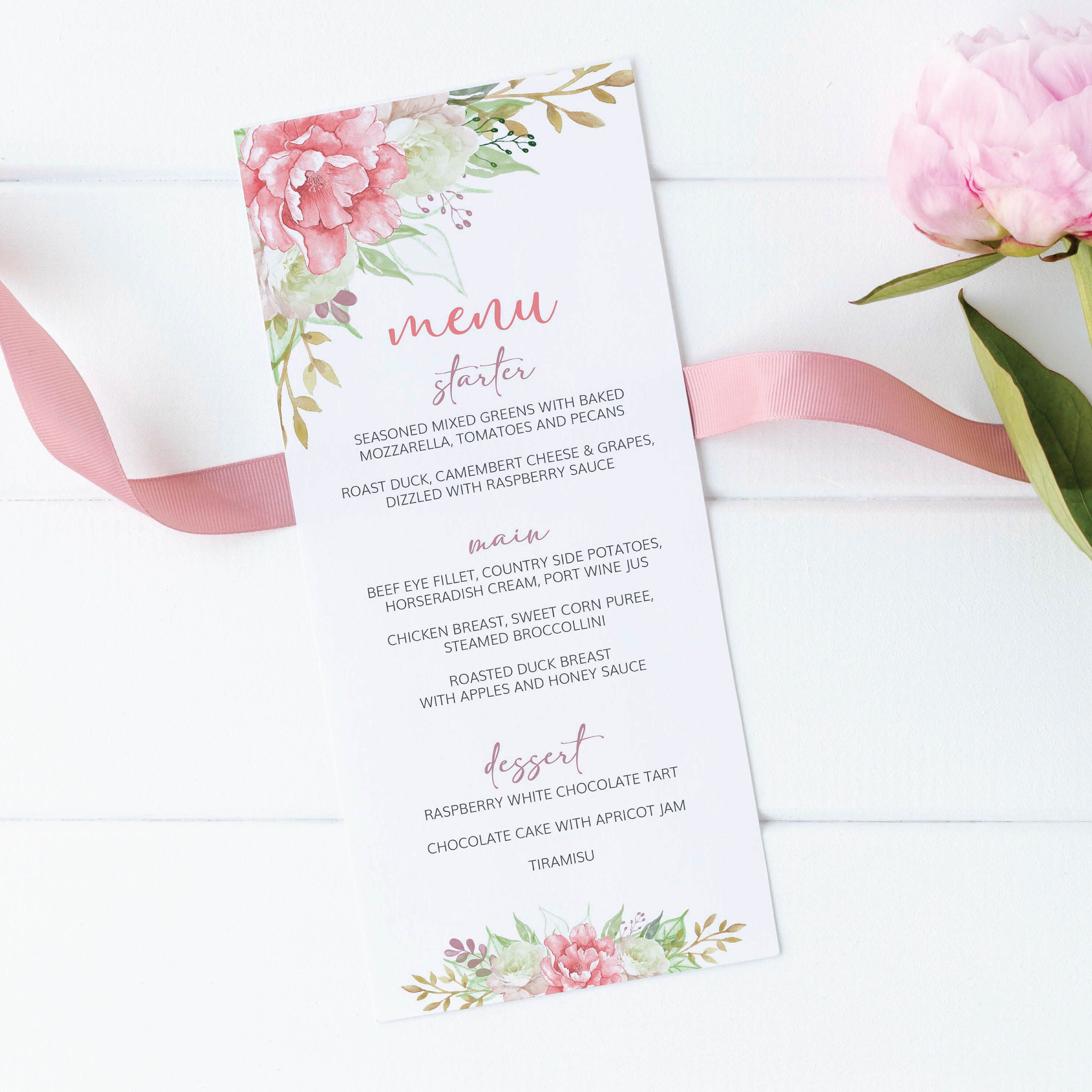 Blush Pink Flowers Menu Cards Template, Blush Gold Menu, Floral Bridal