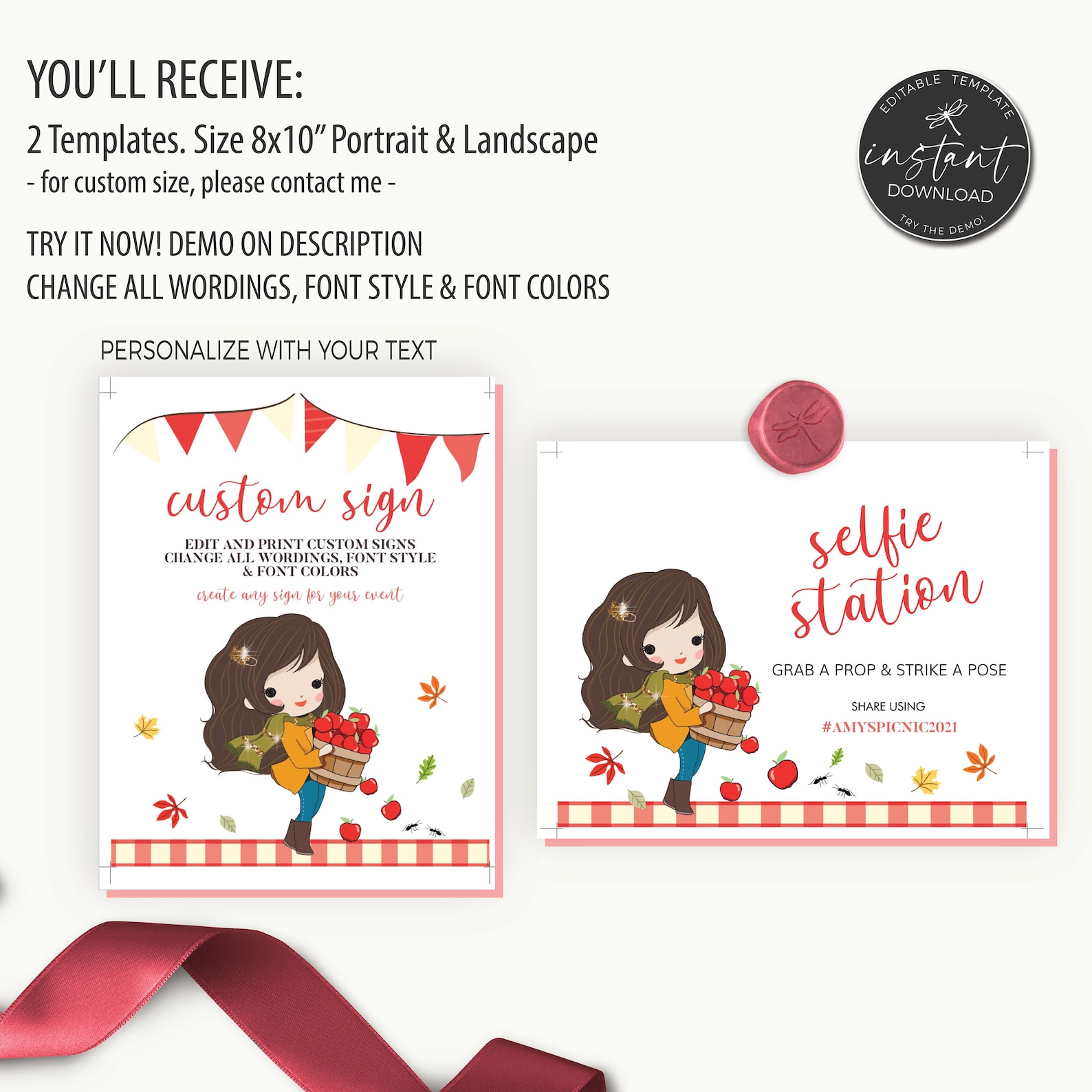 Set of 2 Printable Picnic Custom Signs Red Picnic Birthday | Etsy