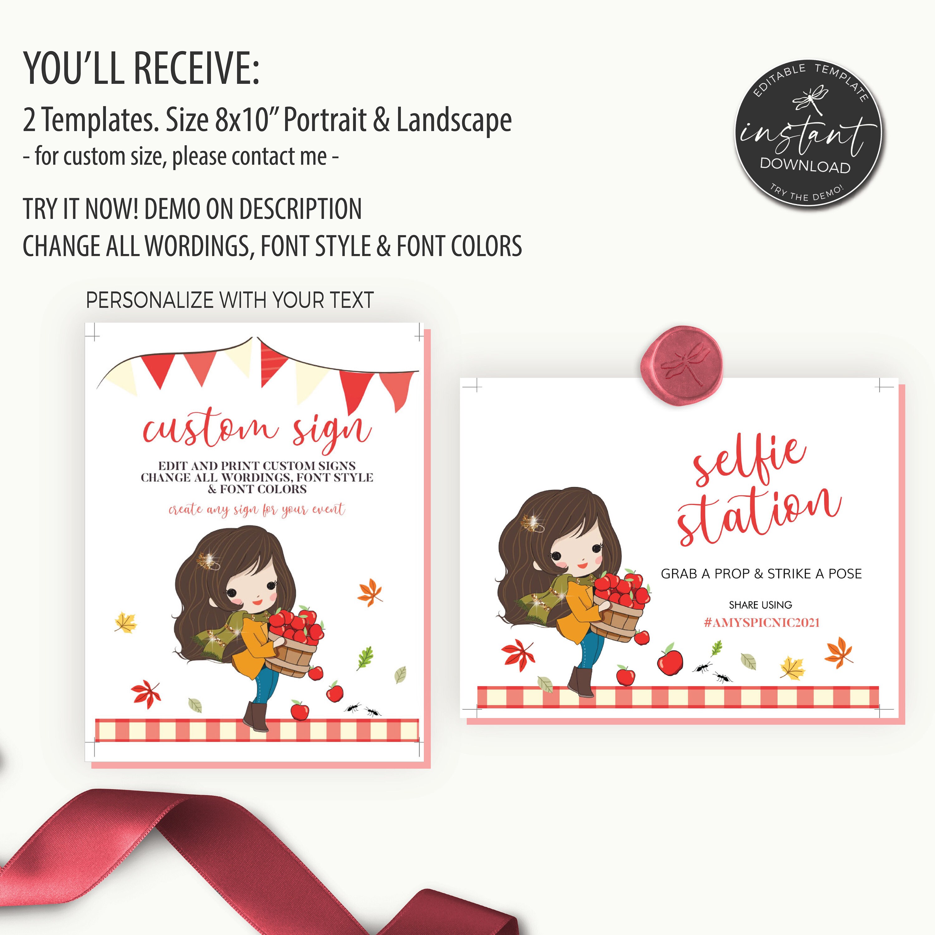 Set of 2 Printable Picnic Custom Signs Red Picnic Birthday | Etsy