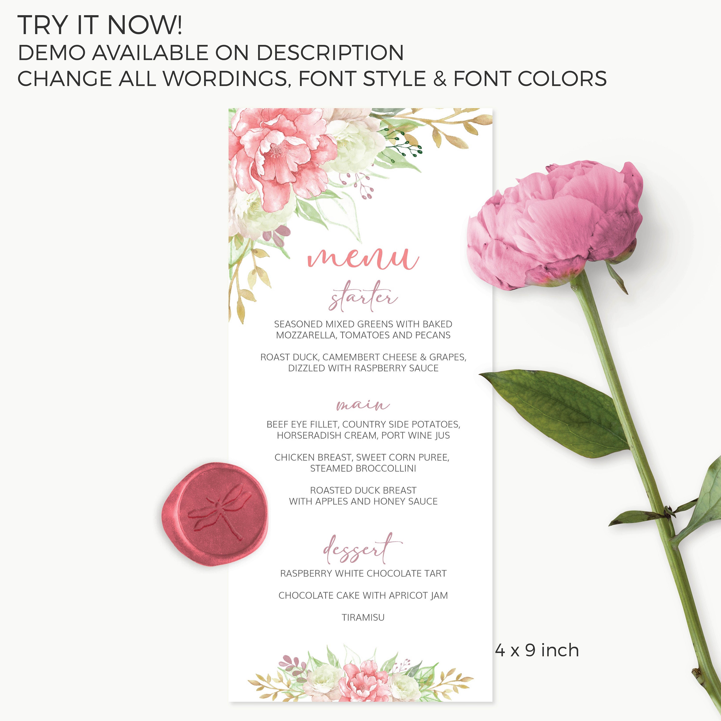 Blush Pink Flowers Menu Cards Template, Blush Gold Menu, Floral Bridal