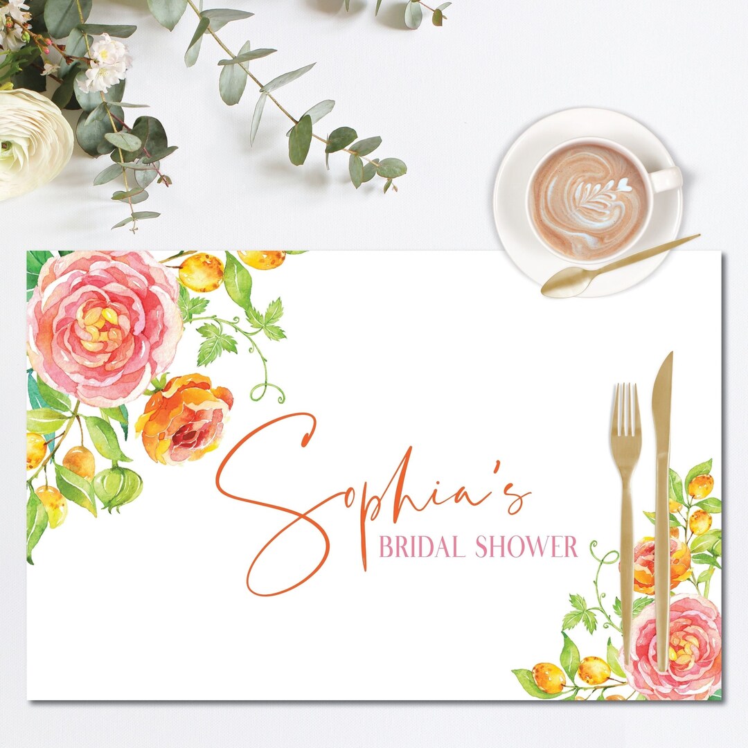 Peonies Wedding Placemat Template, Floral Baby Shower Placemats, Lemon Bridal Shower Table Decor