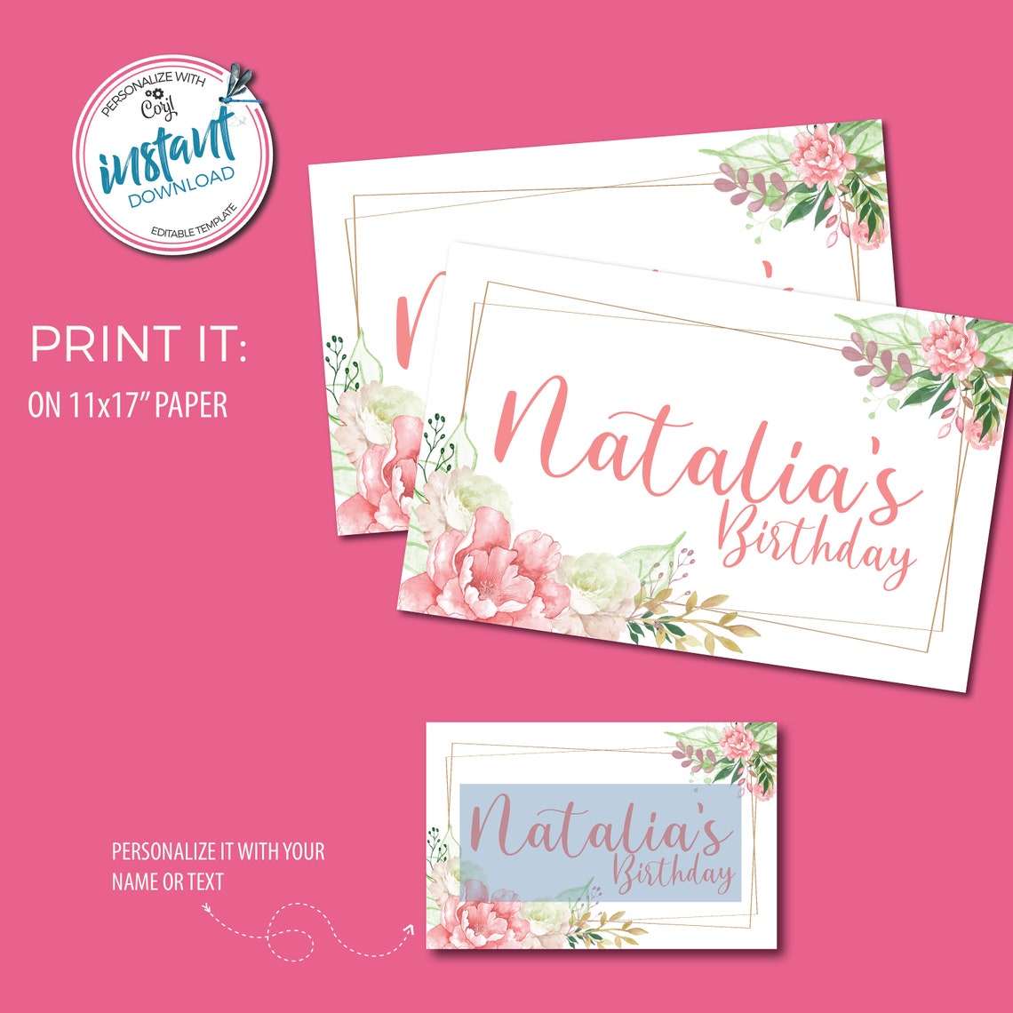 Pink Flowers Placemats Bridal Shower Floral Blush Roses Personalized