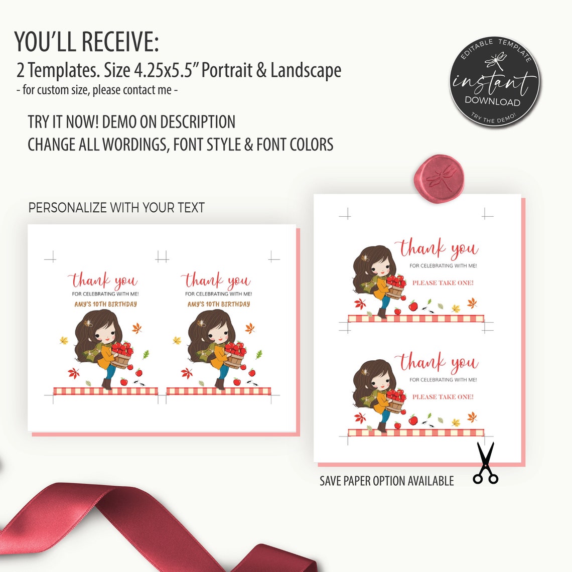 Set of 2 Printable Picnic Thank You Cards Red Picnic Tag Etsy