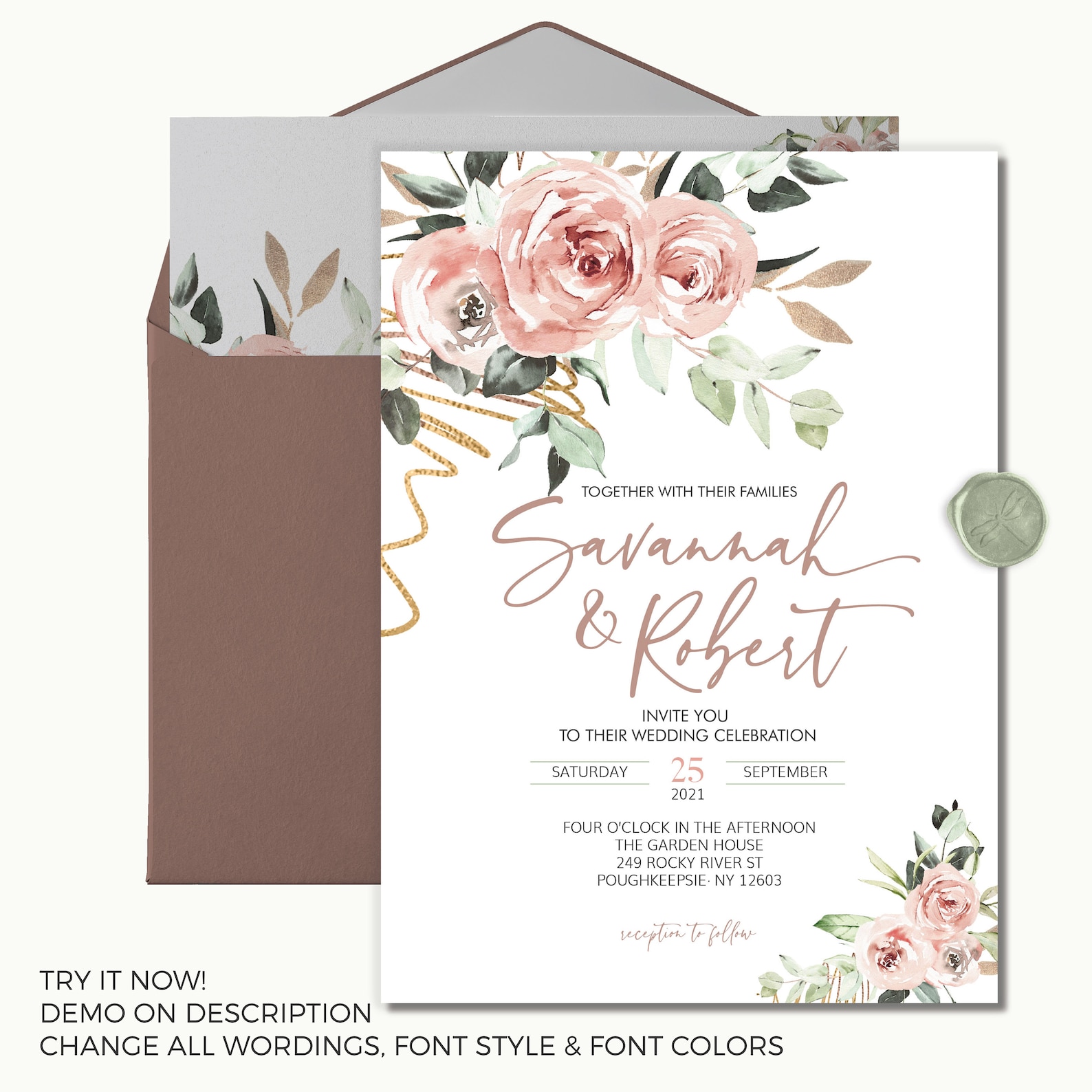 Dusty Rose Wedding Invitations Pink Floral Greenery | Etsy