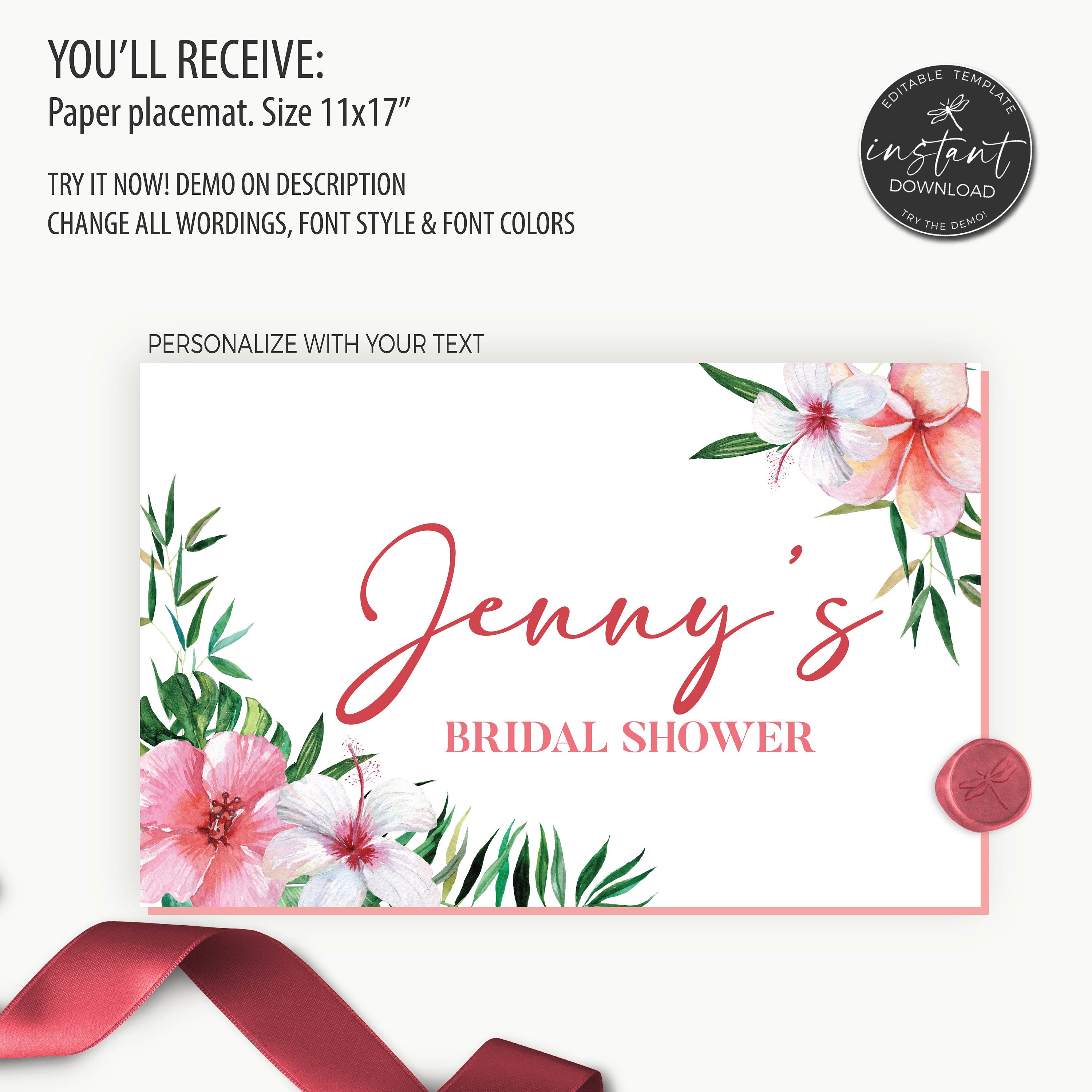 Tropical Bridal Shower Placemats, Flowers Birthday Printable Paper Placemats, Pink Hibiscus