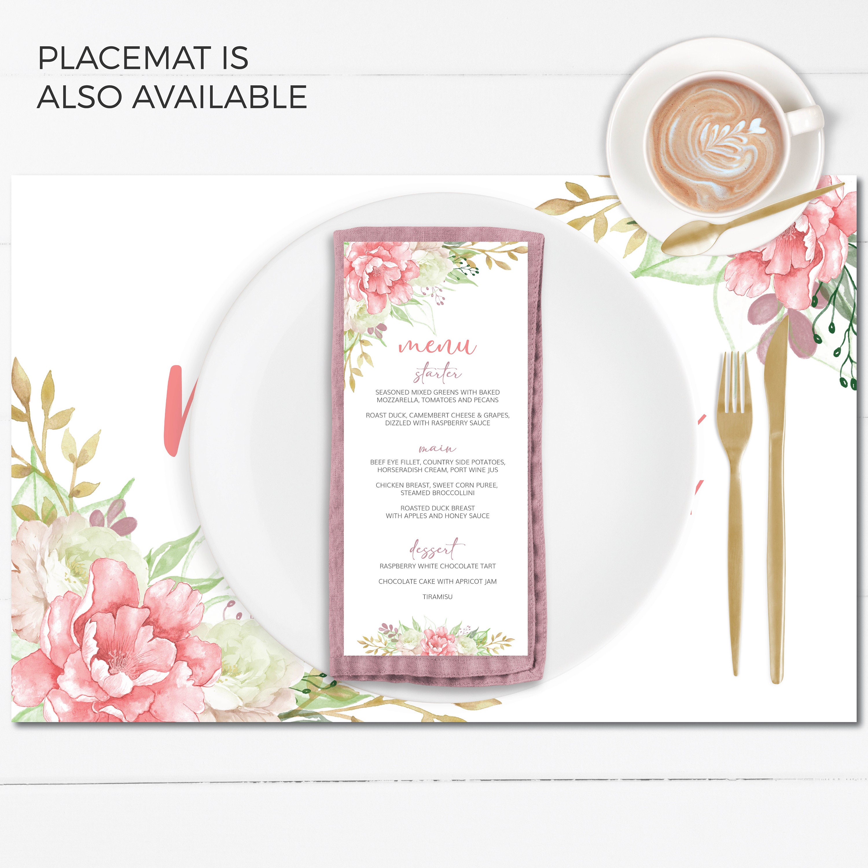 Blush Pink Flowers Menu Cards Template, Blush Gold Menu, Floral Bridal