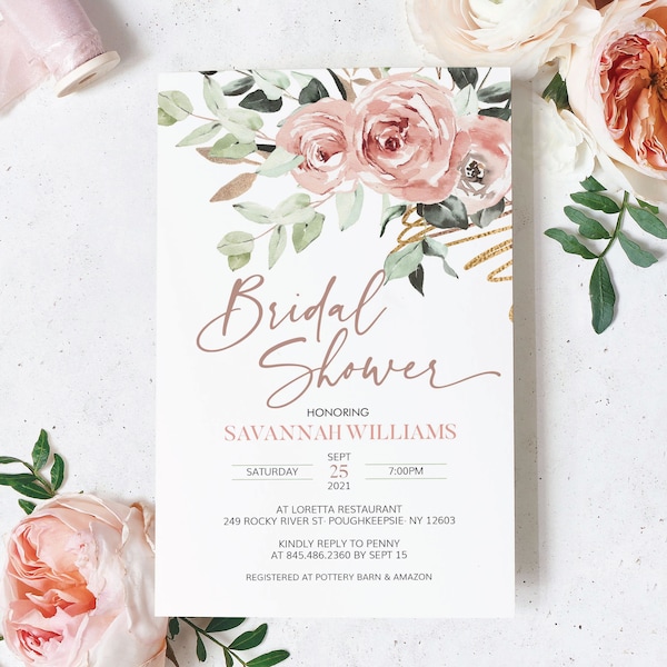 Blush Gold Bridal Shower Invitations, Eucalyptus Flowers Invites, Dusty Pink Roses Bridal Shower Invitations, Digital Download - SAVANNAH