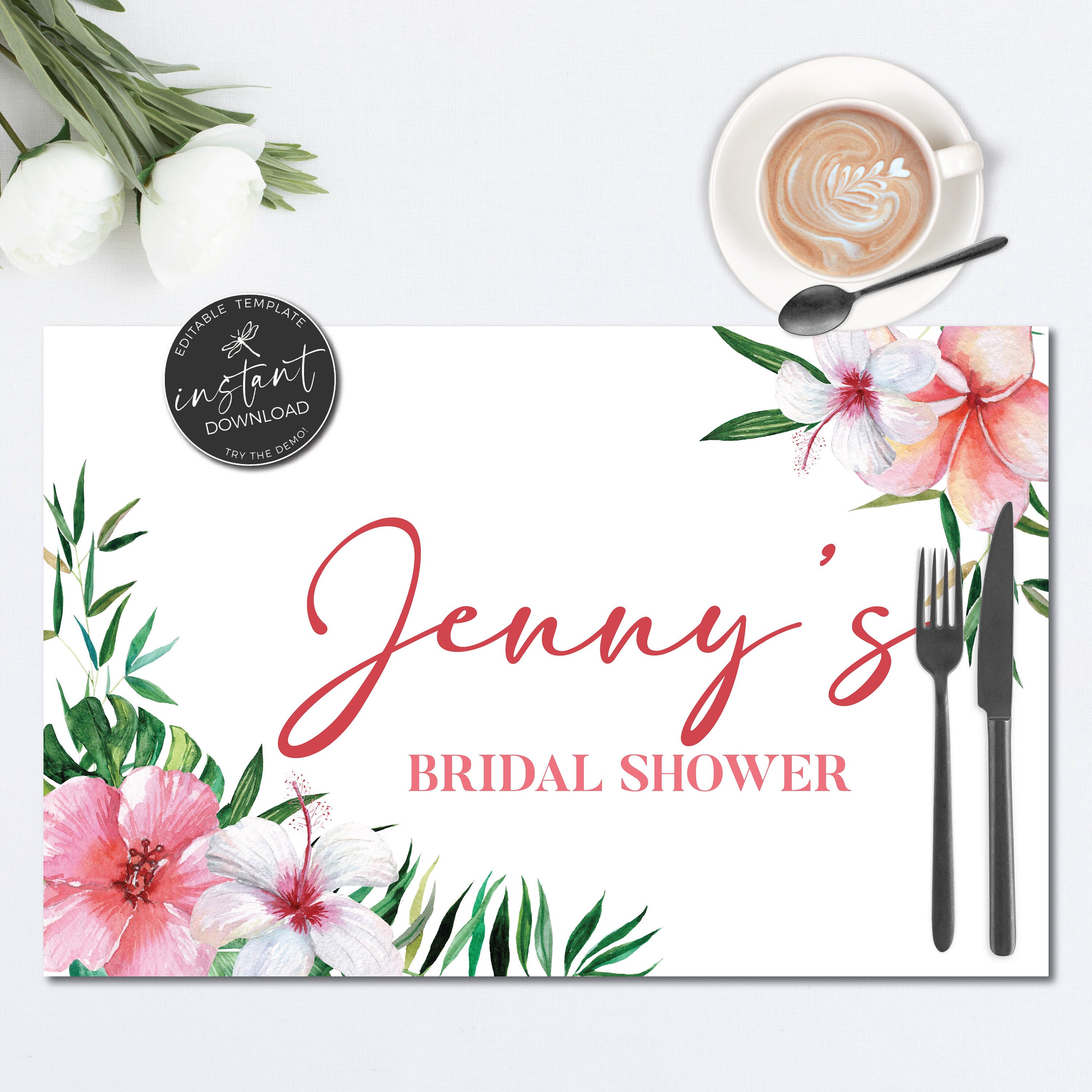 Tropical Bridal Shower Placemats, Flowers Birthday Printable Paper