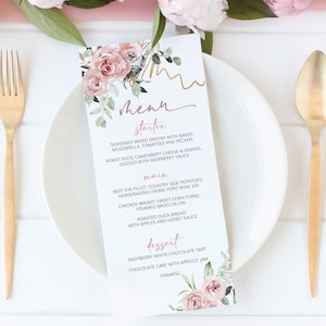 Menú de boda con rosas románticas / Tarjeta de menú con rosas ruborizadas / Menú de cena floral elegante / Menú de despedida de soltera • SAVANNAH