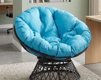 360-degree swivel rattan-weave lounge chair, grey frame with blue cushion