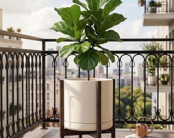 Exquisitely crafted 14-inch ceramic planter with walnut wood stand – a home decor accessory