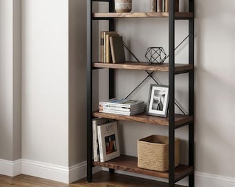 Natural wood bookshelf/display shelf – 4-tier rustic vintage style