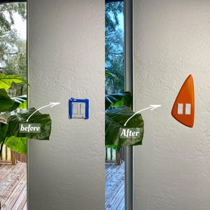 May include: A split-view comparison showing a light switch plate. The left side labelled before shows a standard rectangular switch plate covered in blue painter's tape. The right side labelled After shows a custom orange, triangular switch plate.