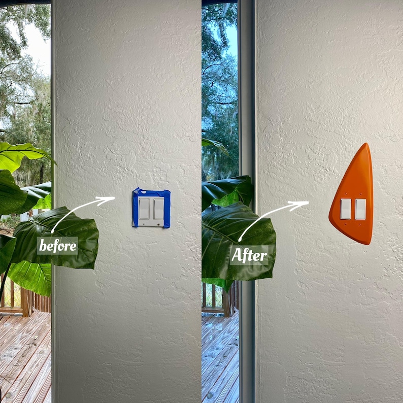 May include: A split-view comparison showing a light switch plate. The left side labelled before shows a standard rectangular switch plate covered in blue painter's tape. The right side labelled After shows a custom orange, triangular switch plate.