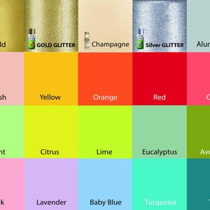 May include: A colour chart displaying twenty-five distinct paint options, including metallic gold, gold glitter, champagne, silver glitter, and aluminium. The grid features solid blocks of blush, yellow, orange, red, coral, mint, citrus, lime, eucalyptus, avocado, pink, lavender, baby blue, turquoise, and teal.