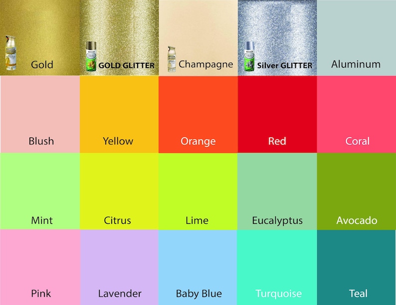 May include: A colour chart displaying twenty-five distinct paint options, including metallic gold, gold glitter, champagne, silver glitter, and aluminium. The grid features solid blocks of blush, yellow, orange, red, coral, mint, citrus, lime, eucalyptus, avocado, pink, lavender, baby blue, turquoise, and teal.
