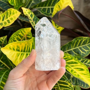 fire and ice crackle quartz crystal tower - natural quartz obelisk - polished healing gemstone for manifesting abundance