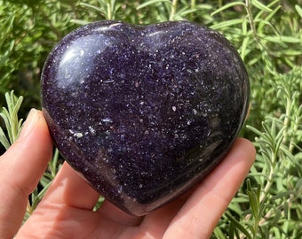 Lepidolite crystal heart with deep purple colors and lots of sparkle - Natural Lepidolite Palm Stone heart shaped for meditation and chakras