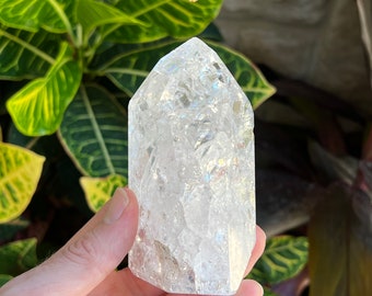 crackle quartz tower for healing emotions, fire and ice crystal obelisk - natural quartz stone polished