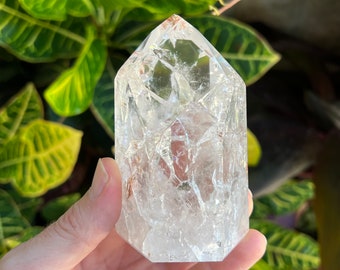 fire and ice crackle quartz crystal tower - natural quartz obelisk - polished healing gemstone for manifesting abundance