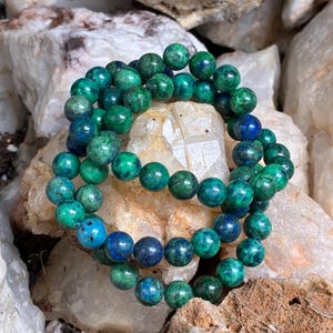 Azurit Malachit Armband 8 mm | runde blaue Azuritperlen | Chakra Heilung Kristall Schmuck | Intuition & Klarheit Stein | Geschenk für Sie oder Ihn