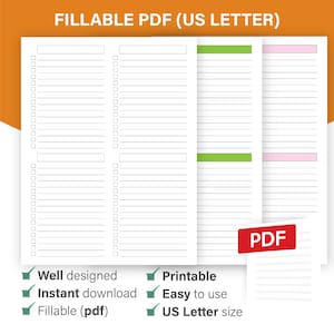 May include: A printable checklist PDF with three columns, each with a different colored header. The checklist is designed for US Letter size paper and includes the text "Well designed", "Instant download", "Fillable (pdf)", "Printable", "Easy to use", and "US Letter size".